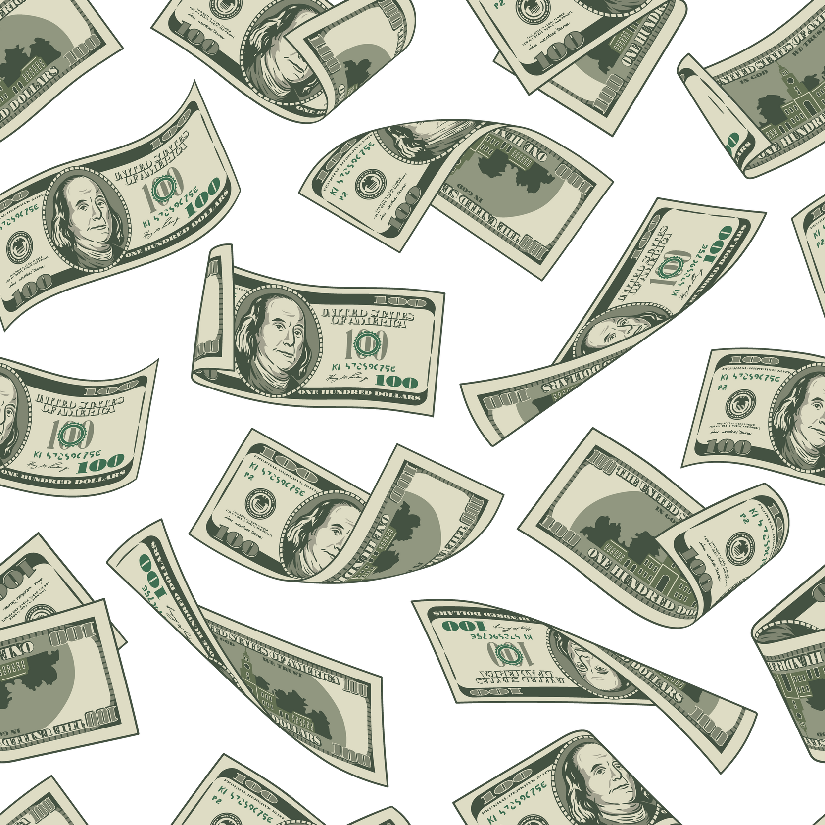 Seamless pattern woth falling 100 US dollar bills