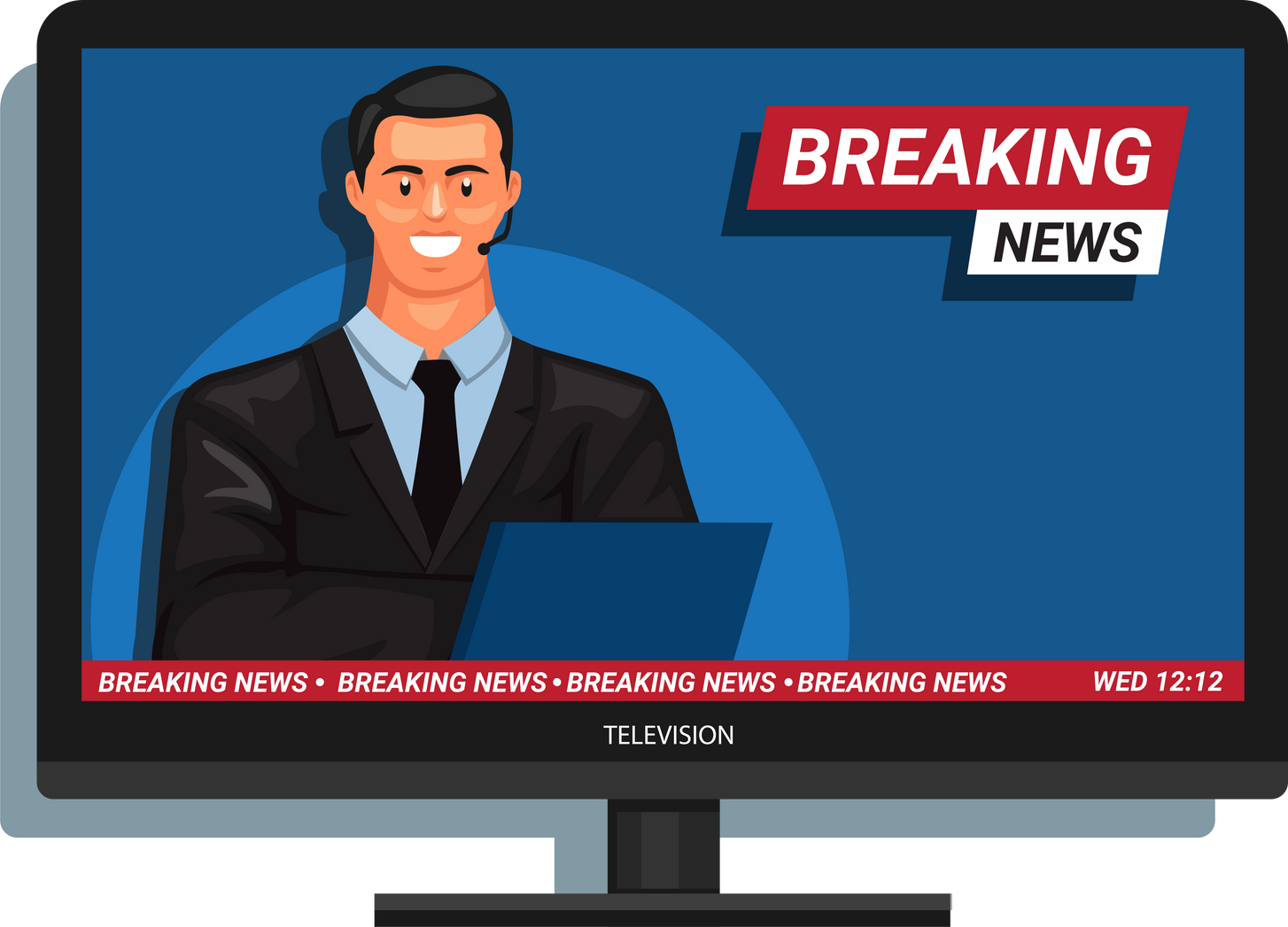 Breaking news on television desk stand symbol cartoon illustration